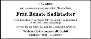 Traueranzeige Renate Sadlstadter