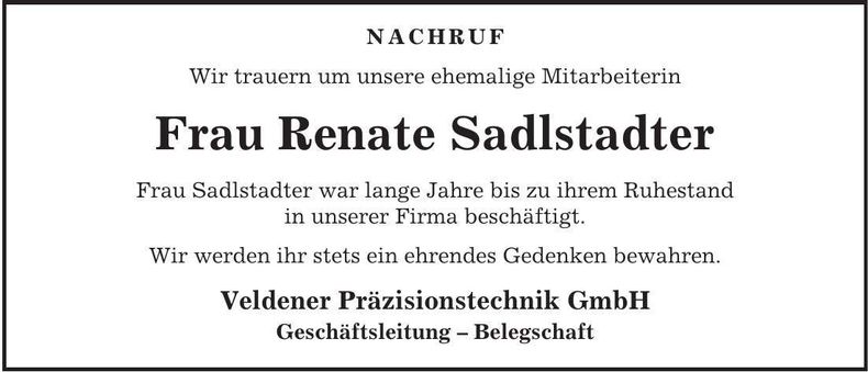 Traueranzeige Renate Sadlstadter