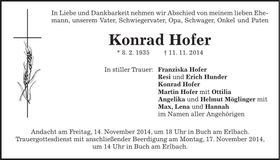 Traueranzeige Konrad Hofer