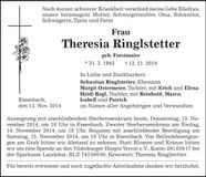 Traueranzeige Theresia Ringlstetter