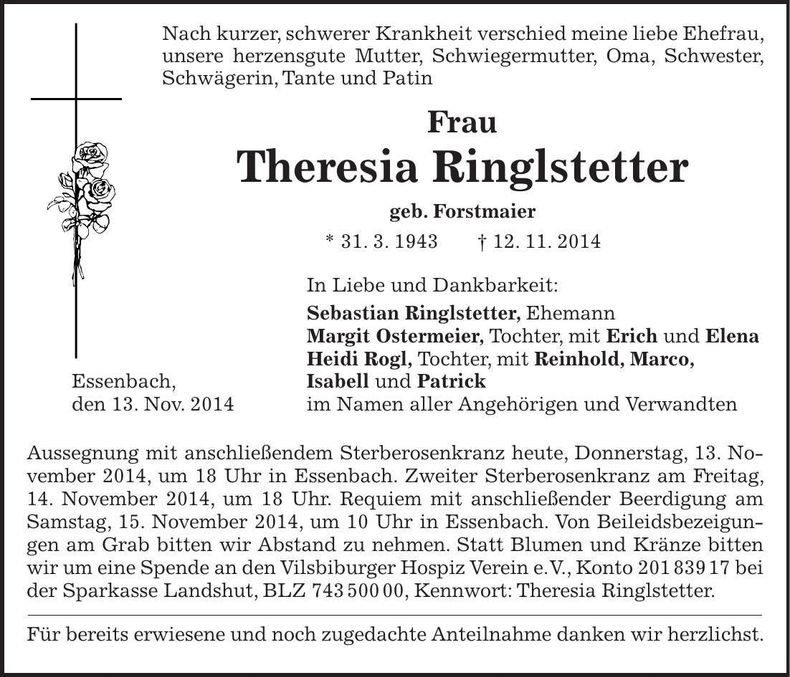 Traueranzeige Theresia Ringlstetter