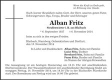 Traueranzeige Fritz Alban