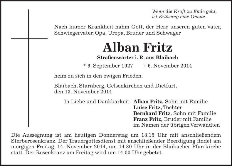 Traueranzeige Fritz Alban