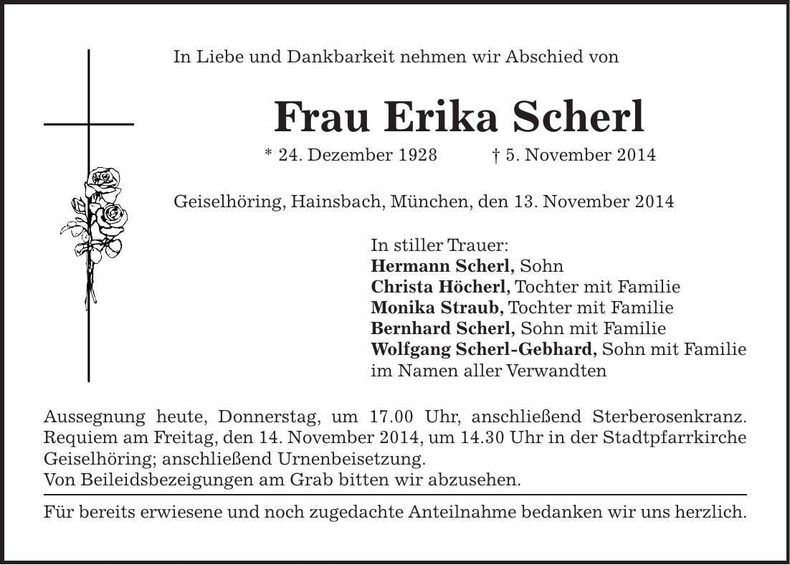 Traueranzeige Erika Scherl
