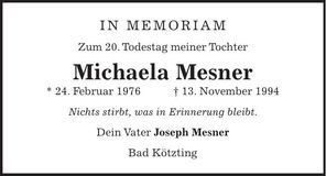 Traueranzeige Michaela Mesner