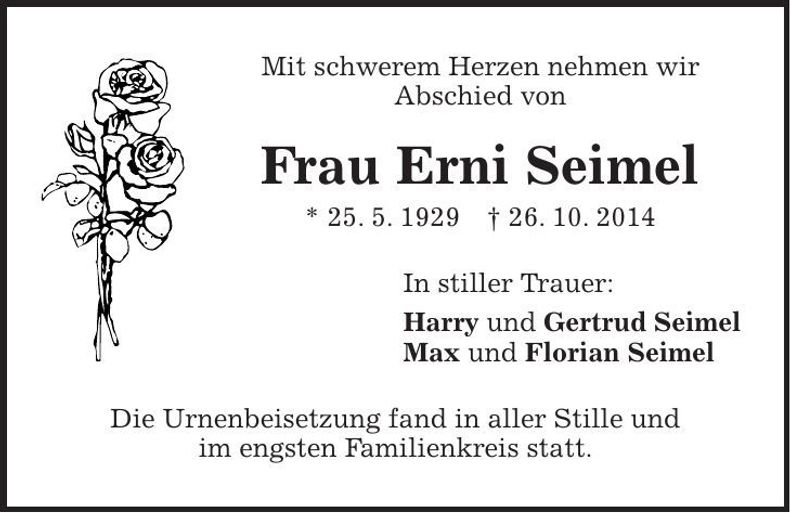 Traueranzeige Erni Seimel