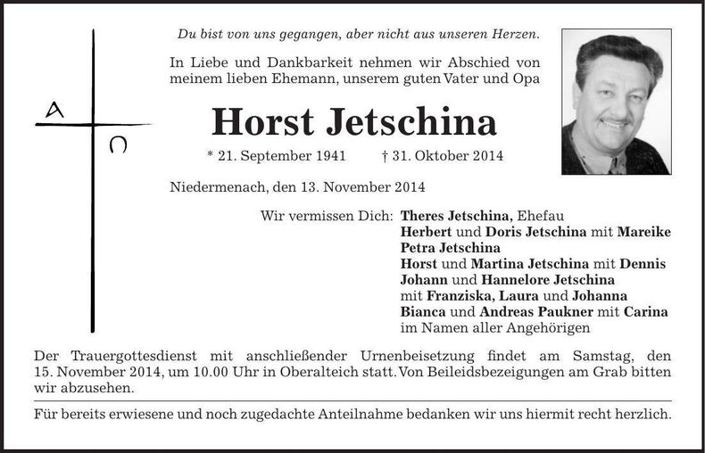 Traueranzeige Horst Jetschina