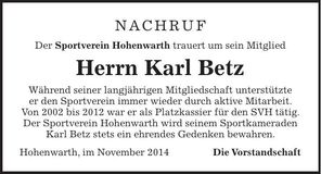 Traueranzeige Karl Betz