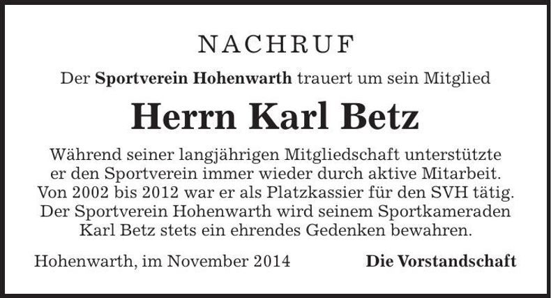 Traueranzeige Karl Betz