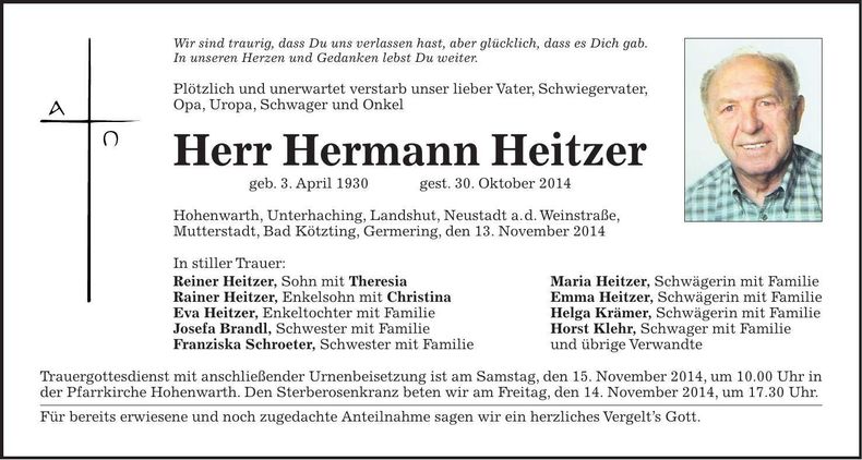 Traueranzeige Hermann Heitzer