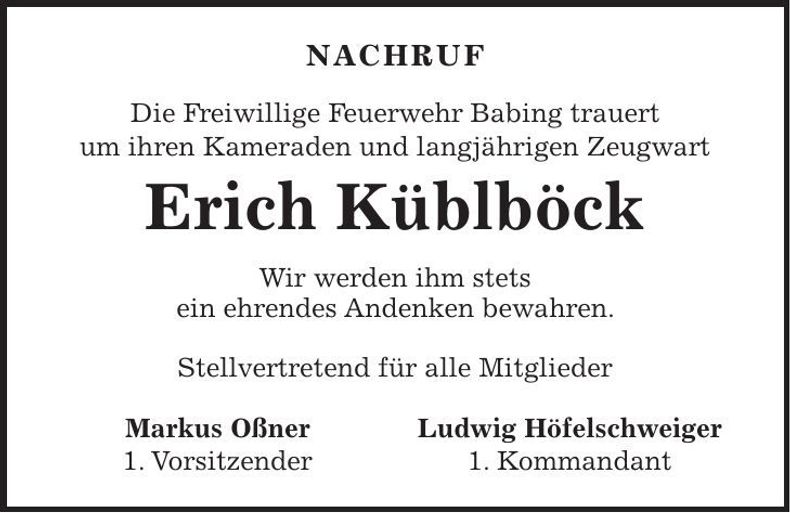 Traueranzeige Erich Küblböck