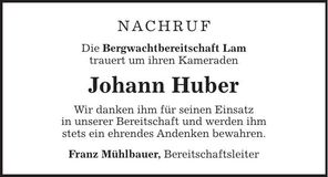 Traueranzeige Johann Huber