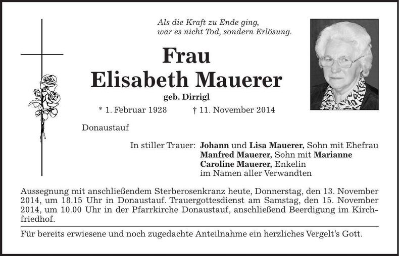 Traueranzeige Elisabeth Mauerer