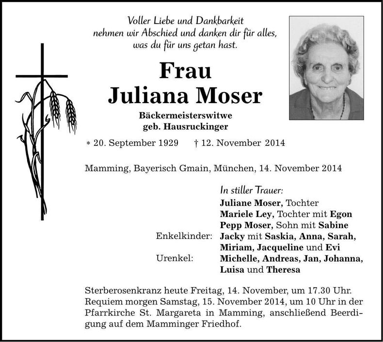 Traueranzeige Juliana Moser