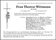 Traueranzeige Therese Wittmann