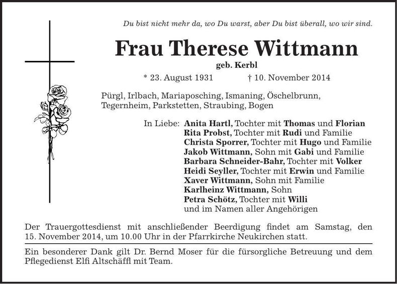 Traueranzeige Therese Wittmann