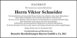 Traueranzeige Viktor Schneider