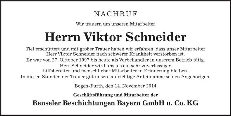 Traueranzeige Viktor Schneider