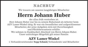 Traueranzeige Johann Huber