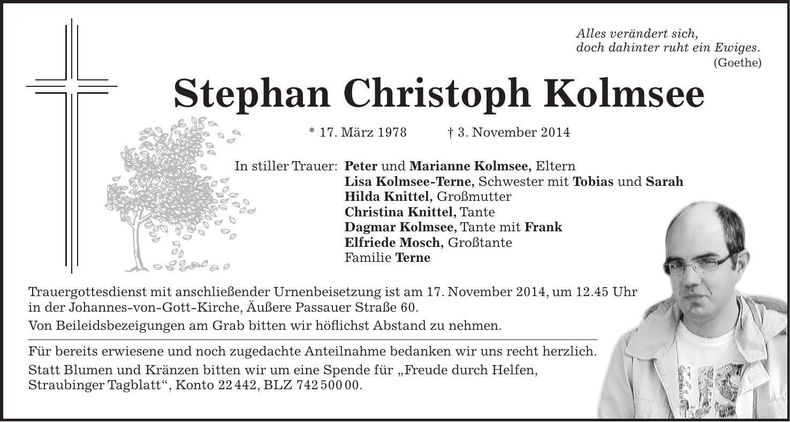 Traueranzeige Stephan Christoph Kolmsee