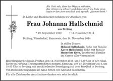 Traueranzeige Johanna Hallschmid
