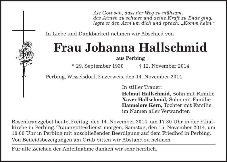 Traueranzeige Johanna Hallschmid
