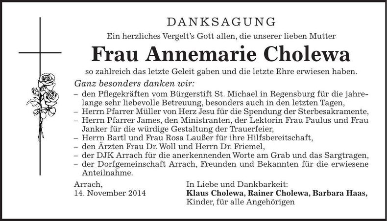 Traueranzeige Annemarie Cholewa