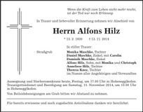 Traueranzeige Alfons Hilz
