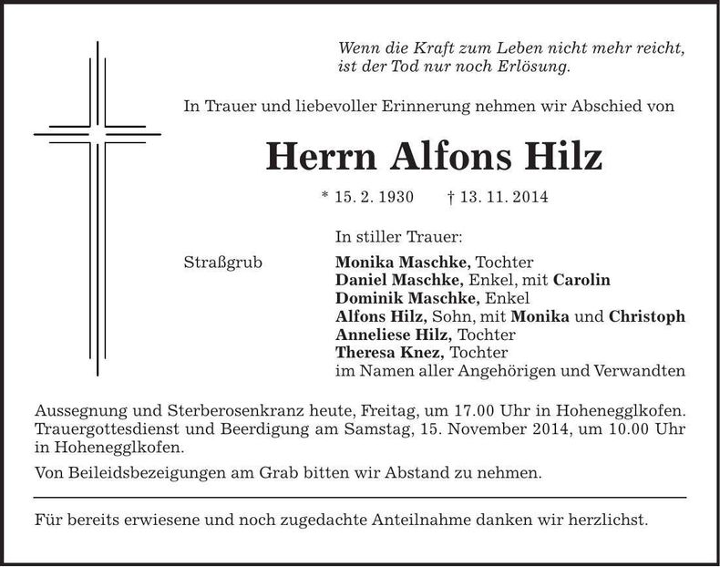 Traueranzeige Alfons Hilz