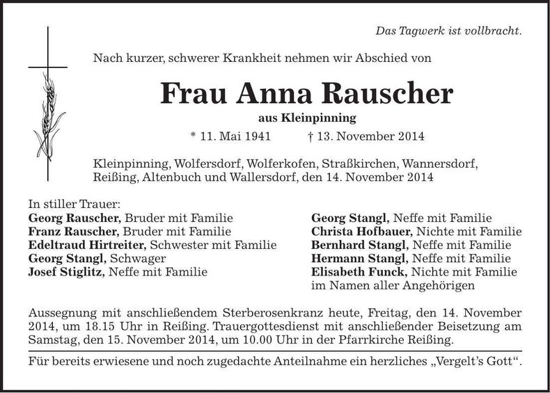 Traueranzeige Anna Rauscher
