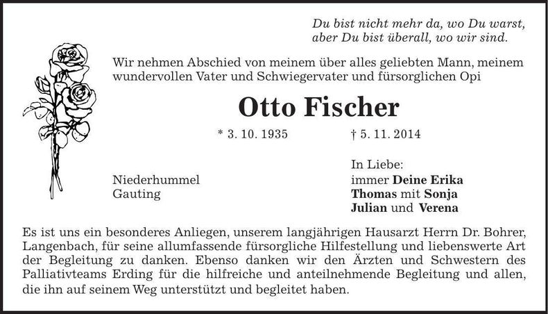 Traueranzeige Otto Fischer