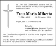 Traueranzeige Maria Miketta