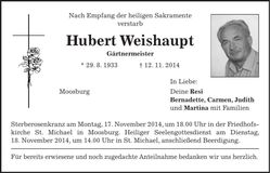 Traueranzeige Hubert Weishaupt