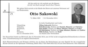 Traueranzeige Otto Sakowski