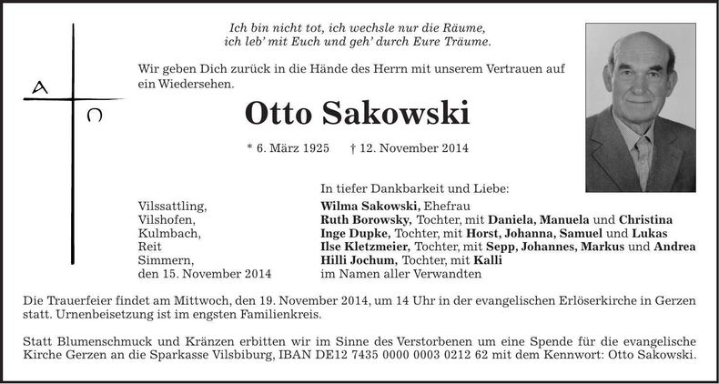 Traueranzeige Otto Sakowski