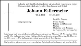 Traueranzeige Johann Fellermeier