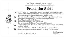 Traueranzeige Franziska Seidl