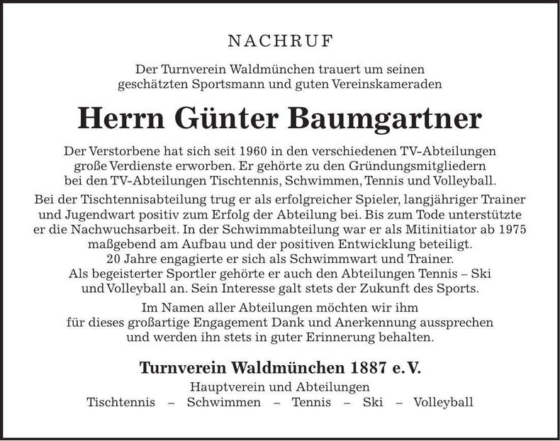 Traueranzeige Günter Baumgartner