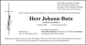 Traueranzeige Johann Butz