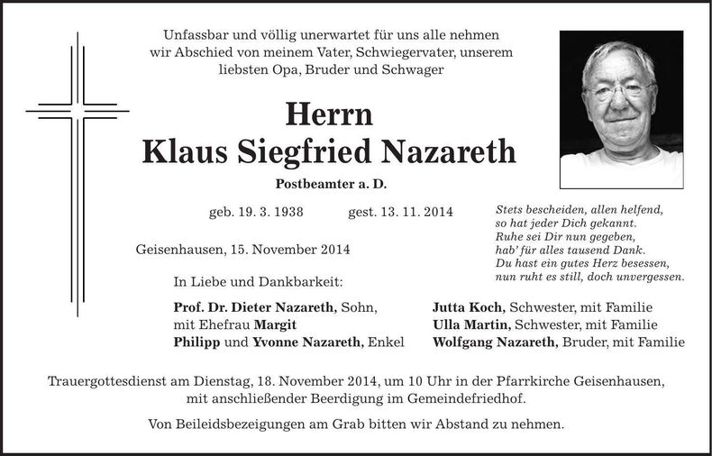 Traueranzeige Klaus Siegfried Nazareth