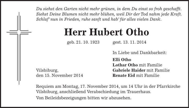 Traueranzeige Hubert Otho