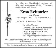 Traueranzeige Erna Reitmeier