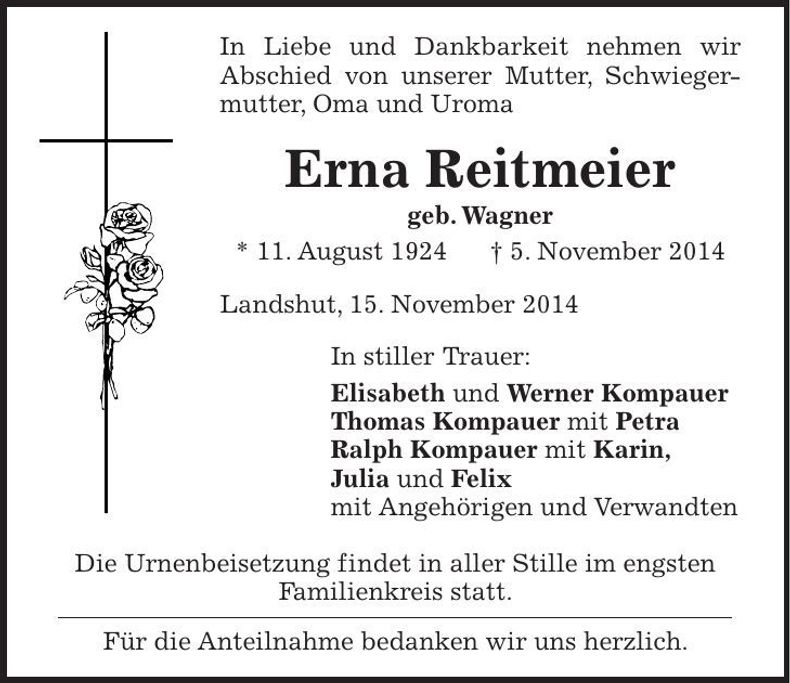 Traueranzeige Erna Reitmeier