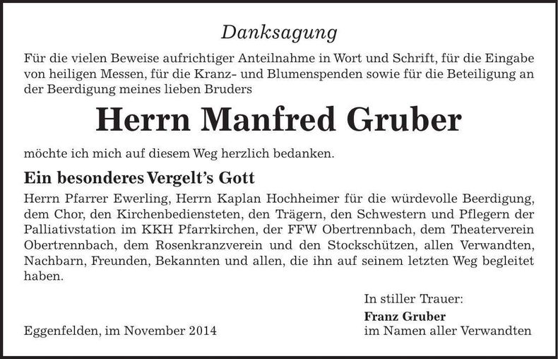 Traueranzeige Manfred Gruber