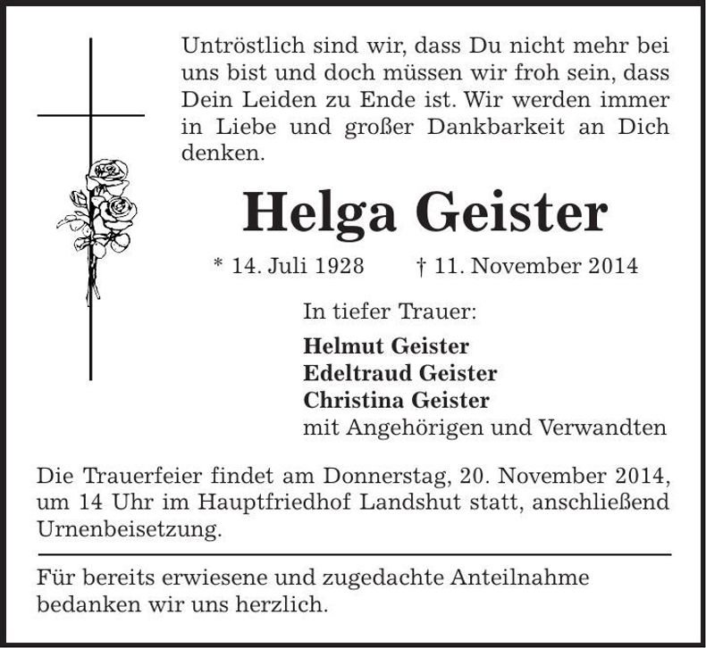 Traueranzeige Helga Geister