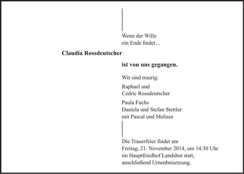 Traueranzeige Claudia Rossdeutscher