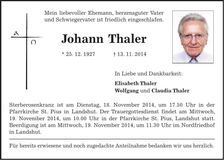 Traueranzeige Johann Thaler