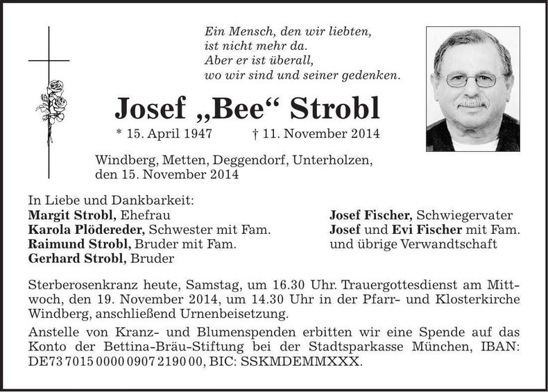 Traueranzeige Josef "Bee" Strobl