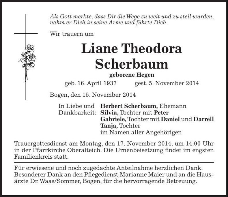 Traueranzeige Theodora Scherbaum
