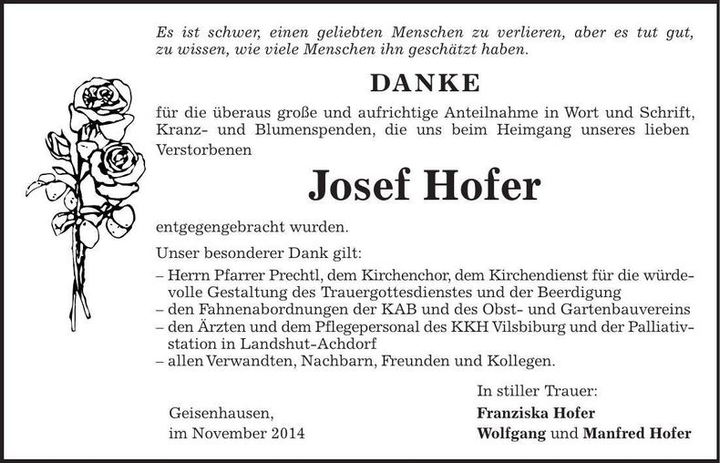 Traueranzeige Josef Hofer